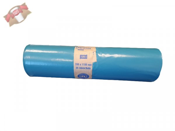 25 Stk. LDPE-Regenerat Müllsäcke 70 x 110 cm 55 my blau 120 ltr. auf Rolle